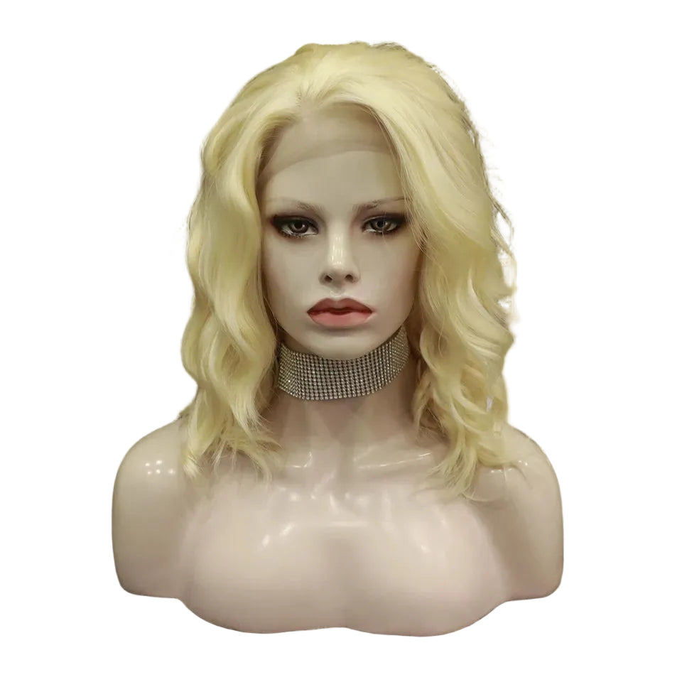14" Platinum Blonde Deep Wave Lace Front Wig - Heat Resistant Synthetic Wig for Performers