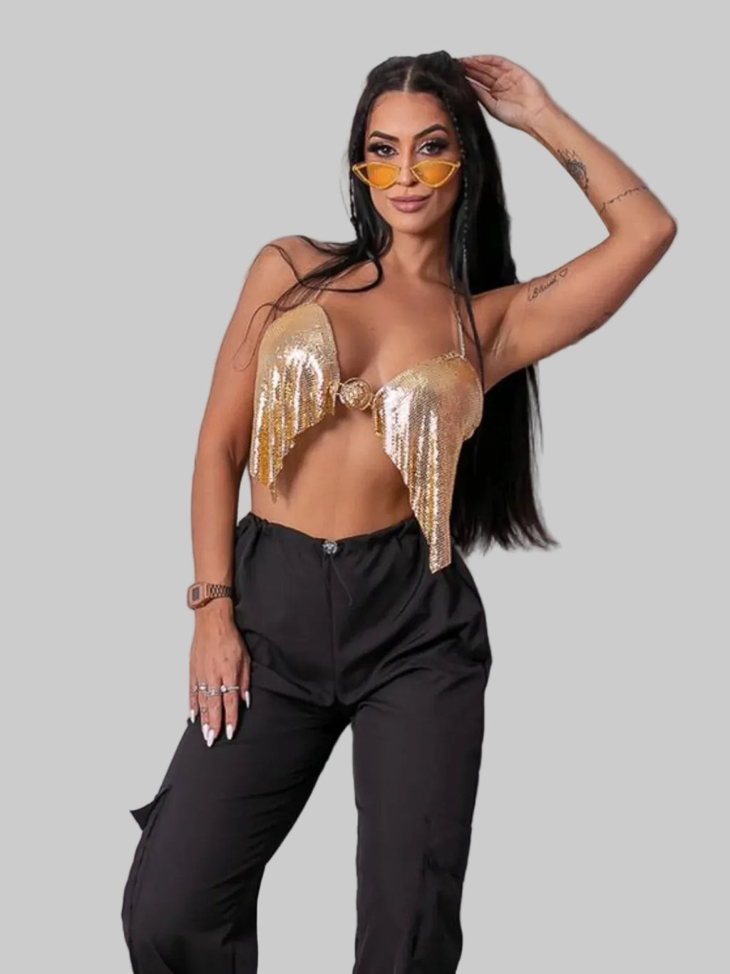 Metallic Sequin Halter Crop Top - Deep V-Neck Backless