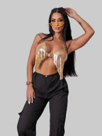 Metallic Sequin Halter Crop Top - Deep V-Neck Backless