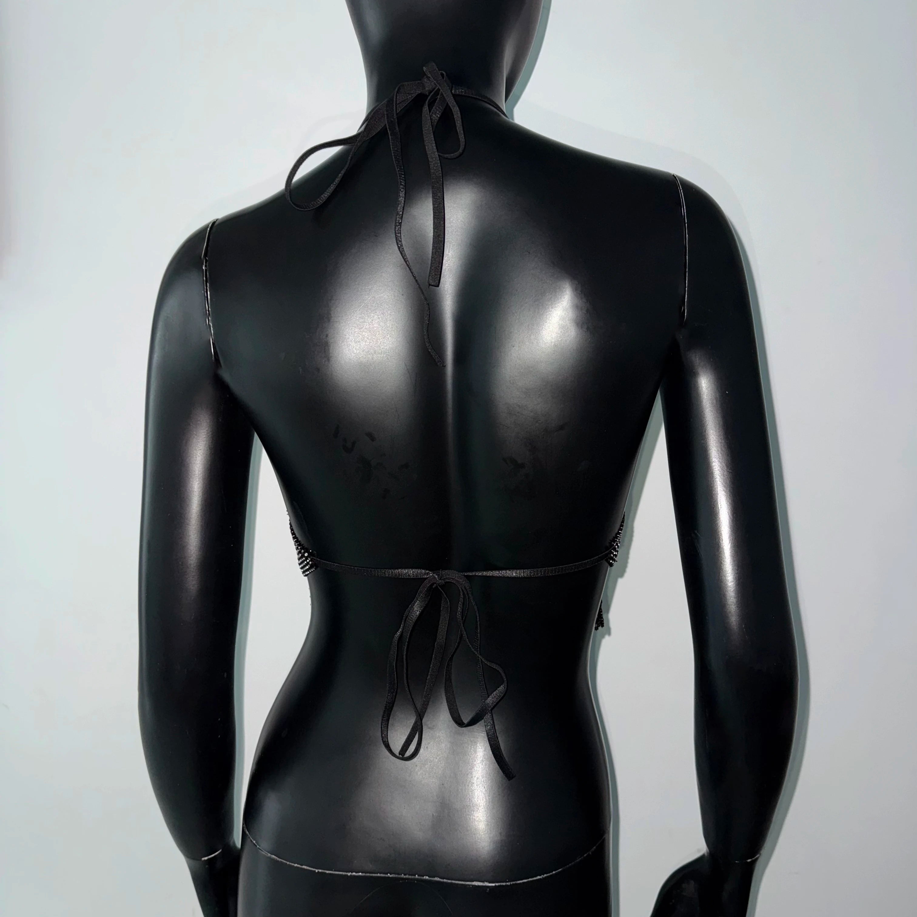 Rhinestone Fishnet Bandage Halter Crop Top - Deep V Backless Camisole