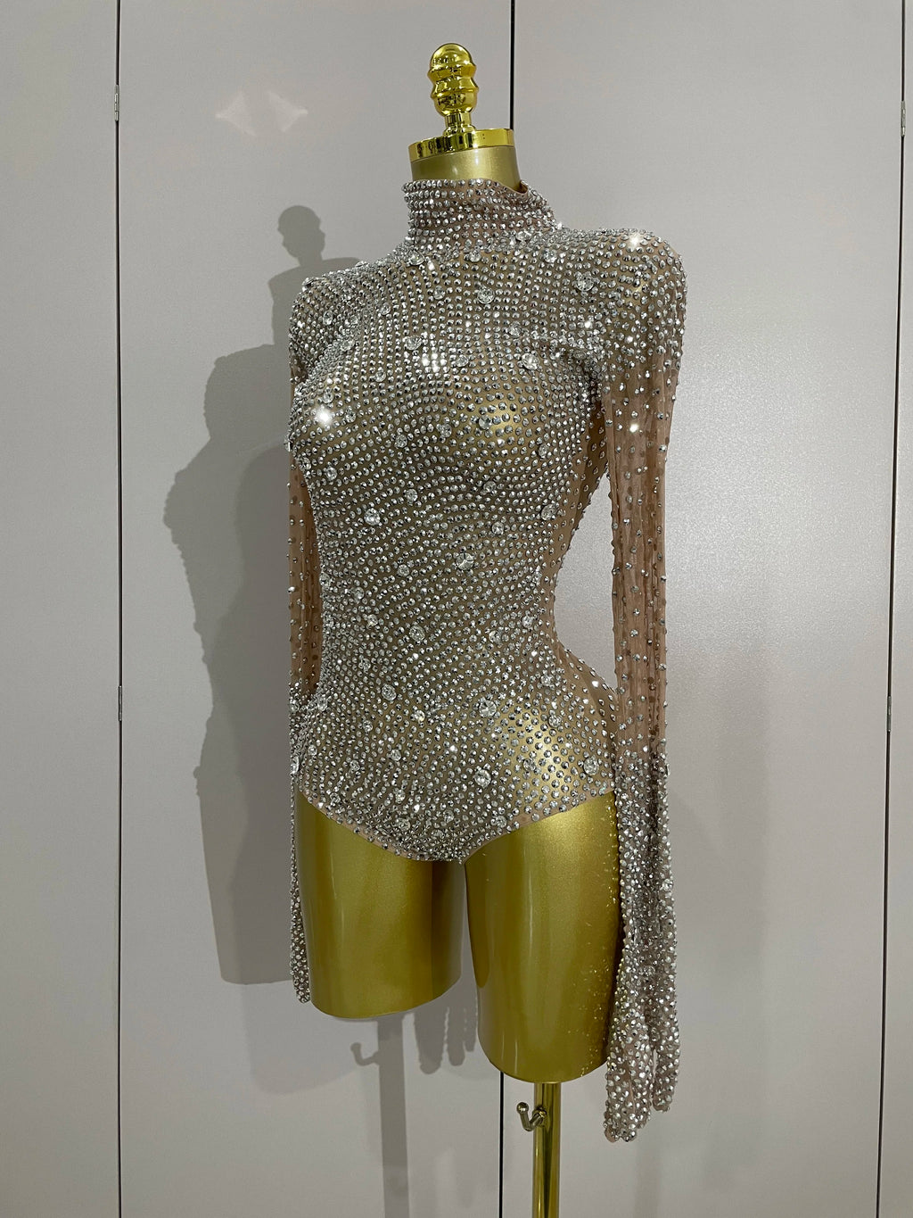Rhinestone Mesh Bodysuit | Long Sleeve & Gloves | S–XL