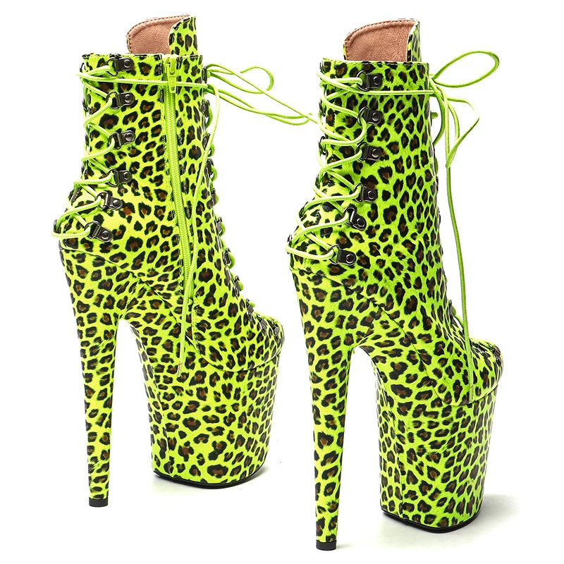 Leopard Print Platform Ankle Boots - 8 Inch Neon Pole Dance Boots