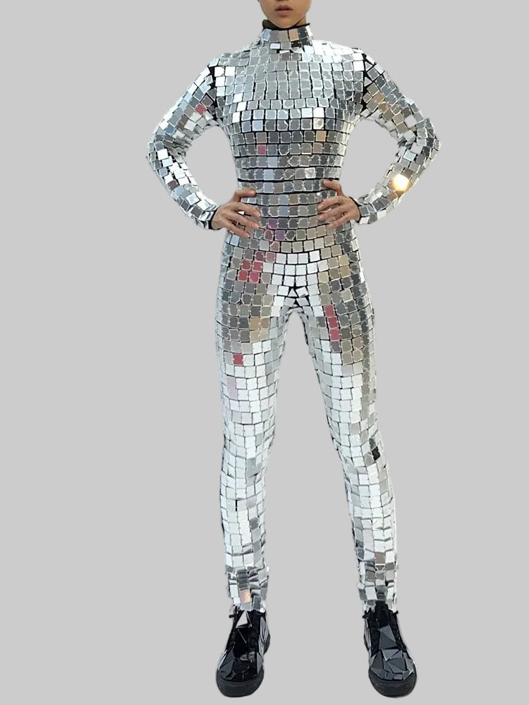 Silver Mirror Stage Costume - Futuristic Long Sleeve Bodysuit for Gogo Dancers & Showgirls