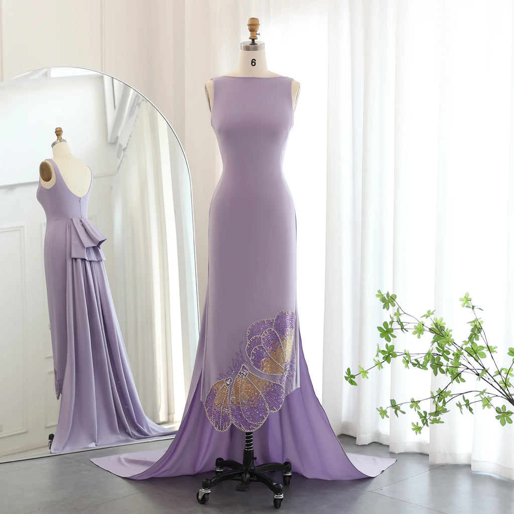Scalloped Beaded Evening Gown | O-Neck | Coral Pink & Lilac