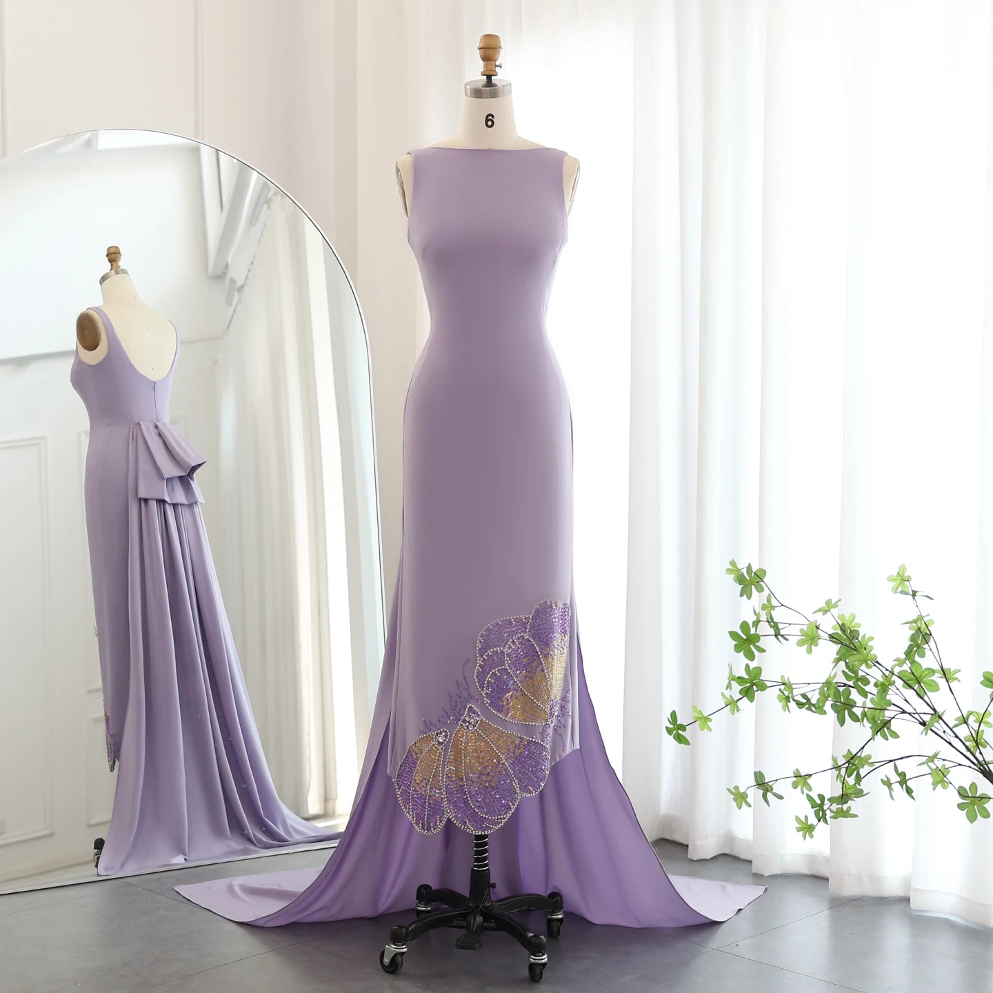 Scalloped Beaded Evening Gown | O-Neck | Coral Pink & Lilac