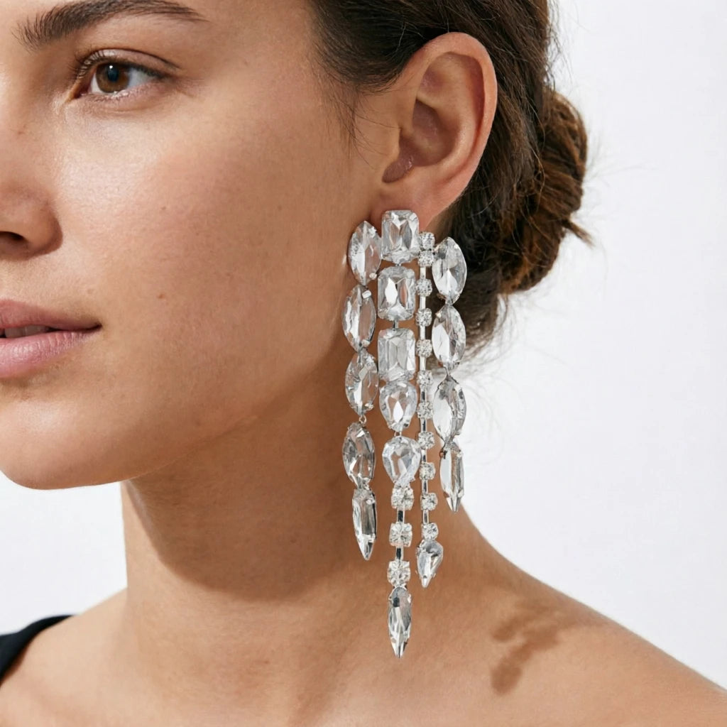 Long Rhinestone Tassel Earrings