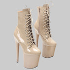 "Sky-High Stiletto" Extreme Patent Platform Lace-Up Ankle Boots - 20cm Heel, Nude/Beige