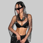 Rhinestone Mesh Hooded Crop Top - Sheer Fishnet Long Sleeve for Stage & Festival