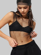 Glitter Rhinestone Fishnet Tank Top - Backless Square Neck Crop Top