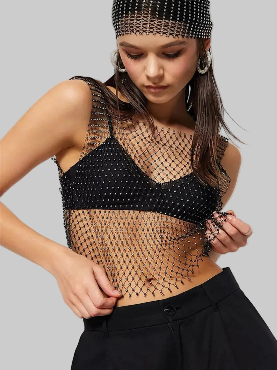Glitter Rhinestone Fishnet Tank Top - Backless Square Neck Crop Top