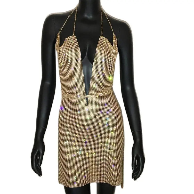 Sparkly Rhinestone Backless Halter Mini Dress - Metal Chain Party Dress
