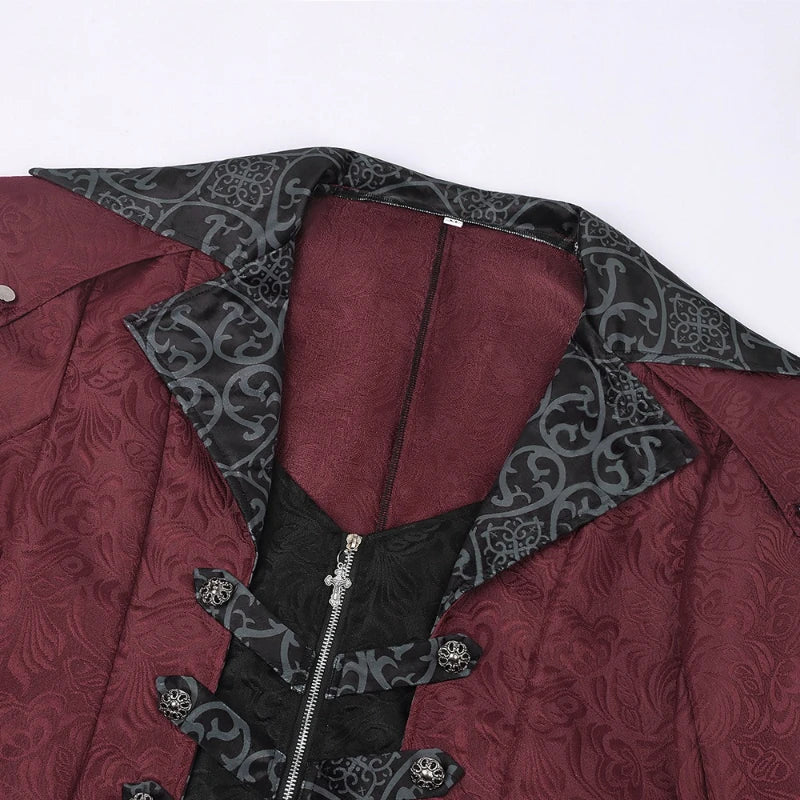 Jacquard Trench Coat | Gothic Medieval | Black & Maroon
