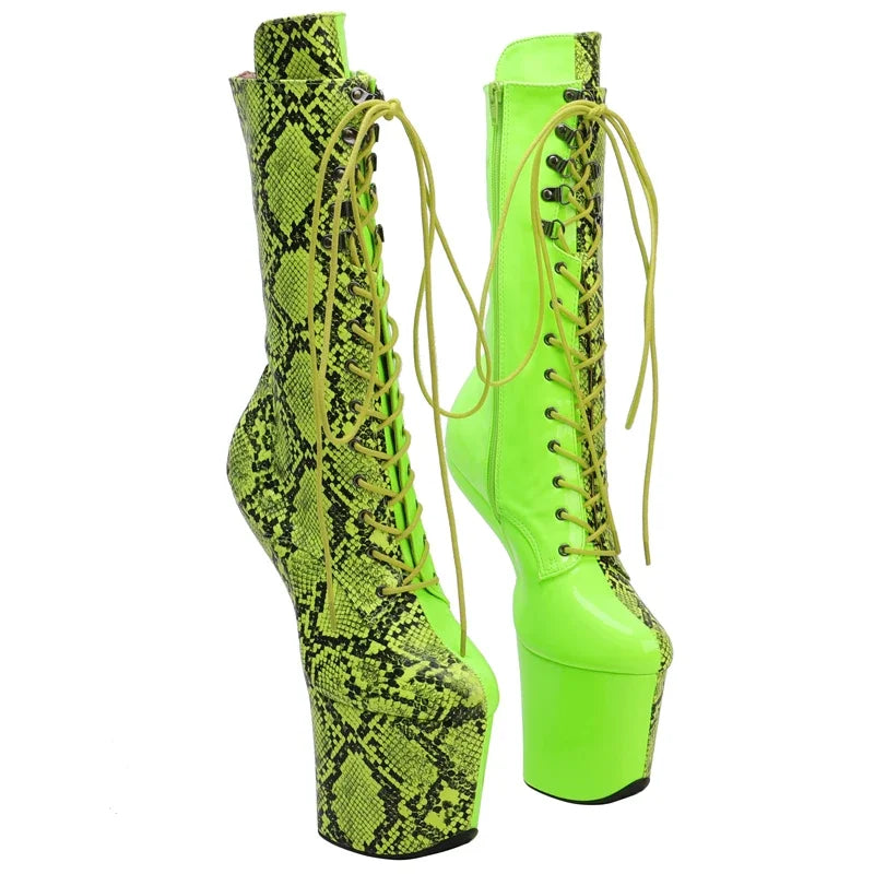 Green Snake Print Heelless Platform Boots - Exotic Pole Dance Shoes