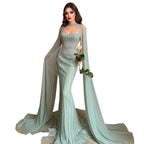 Crystal Mermaid Cape Gown | Beaded Tulle | 4 Colors