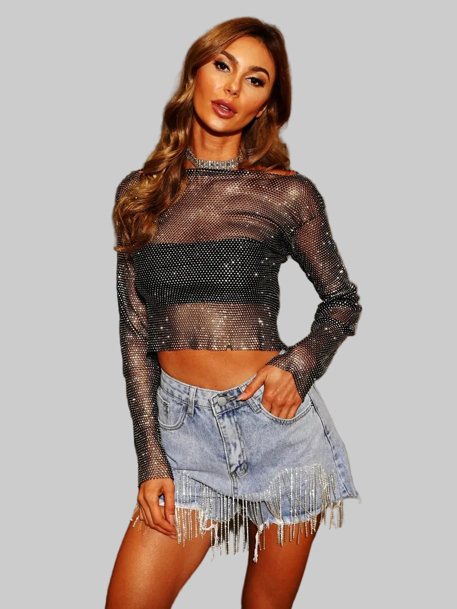 Rhinestone Fishnet Mesh Long Sleeve Top - Sheer Starlight Party Tee