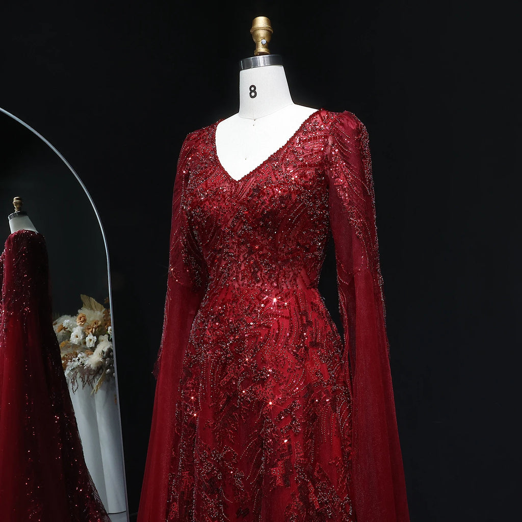 Beaded Wine Red A-Line Gown | V-Neck Cap Sleeve | Sweep Train