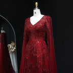 Beaded Wine Red A-Line Gown | V-Neck Cap Sleeve | Sweep Train