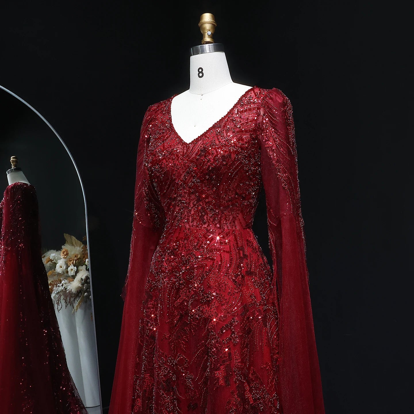 Beaded Wine Red A-Line Gown | V-Neck Cap Sleeve | Sweep Train