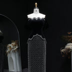 Black Beaded Crystal Gown | Off-Shoulder Slit | Fringe Detail