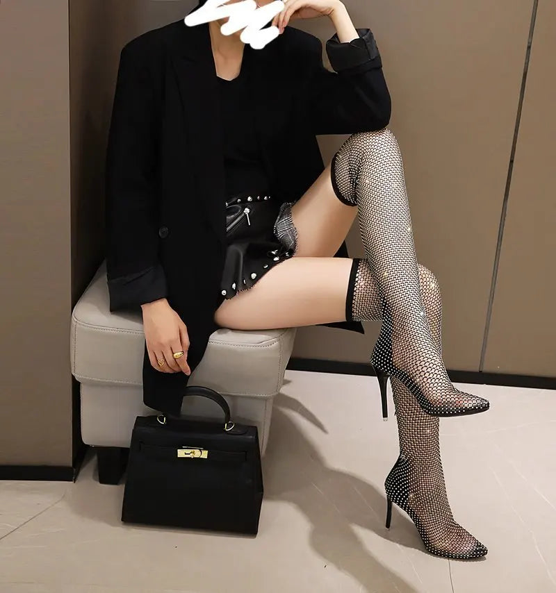 Rhinestone Fishnet OTK Boots | Stiletto | 6cm & 9cm Heel