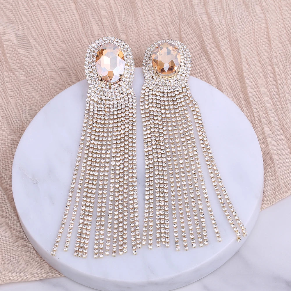 Long Rhinestone Drop Earrings | Clip or Pin
