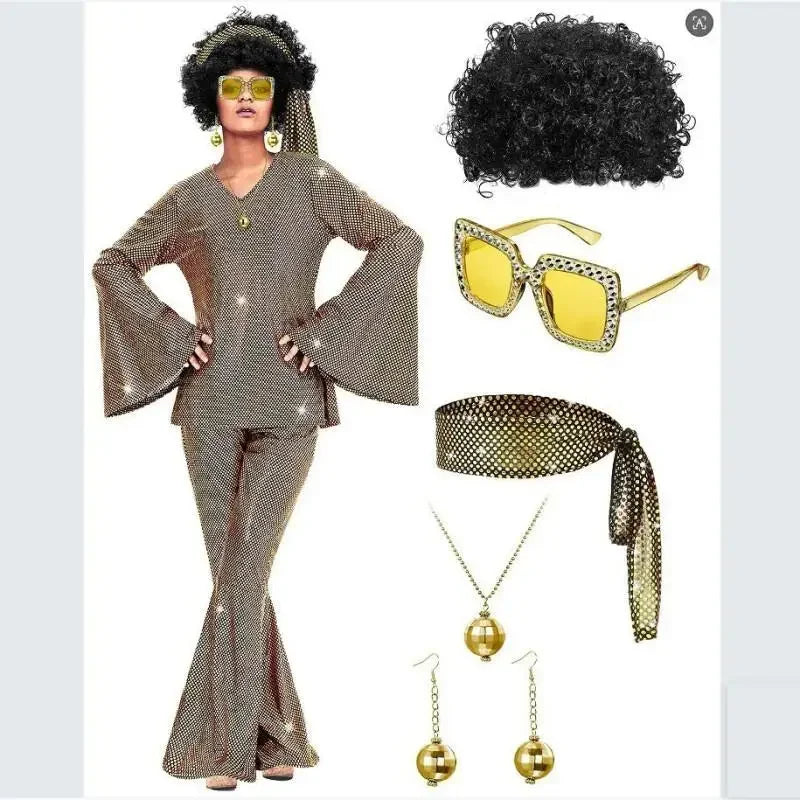70s Disco Costume | Bell-Bottom Set & Afro Wig