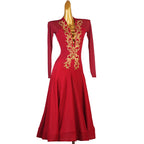 Red Ballroom Dance Dress | Gold Embroidery | XXS-XXL