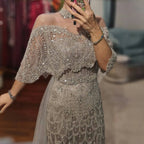 Beaded Cape Sleeve Pageant Gown | Detachable Overskirt | 4 Colors