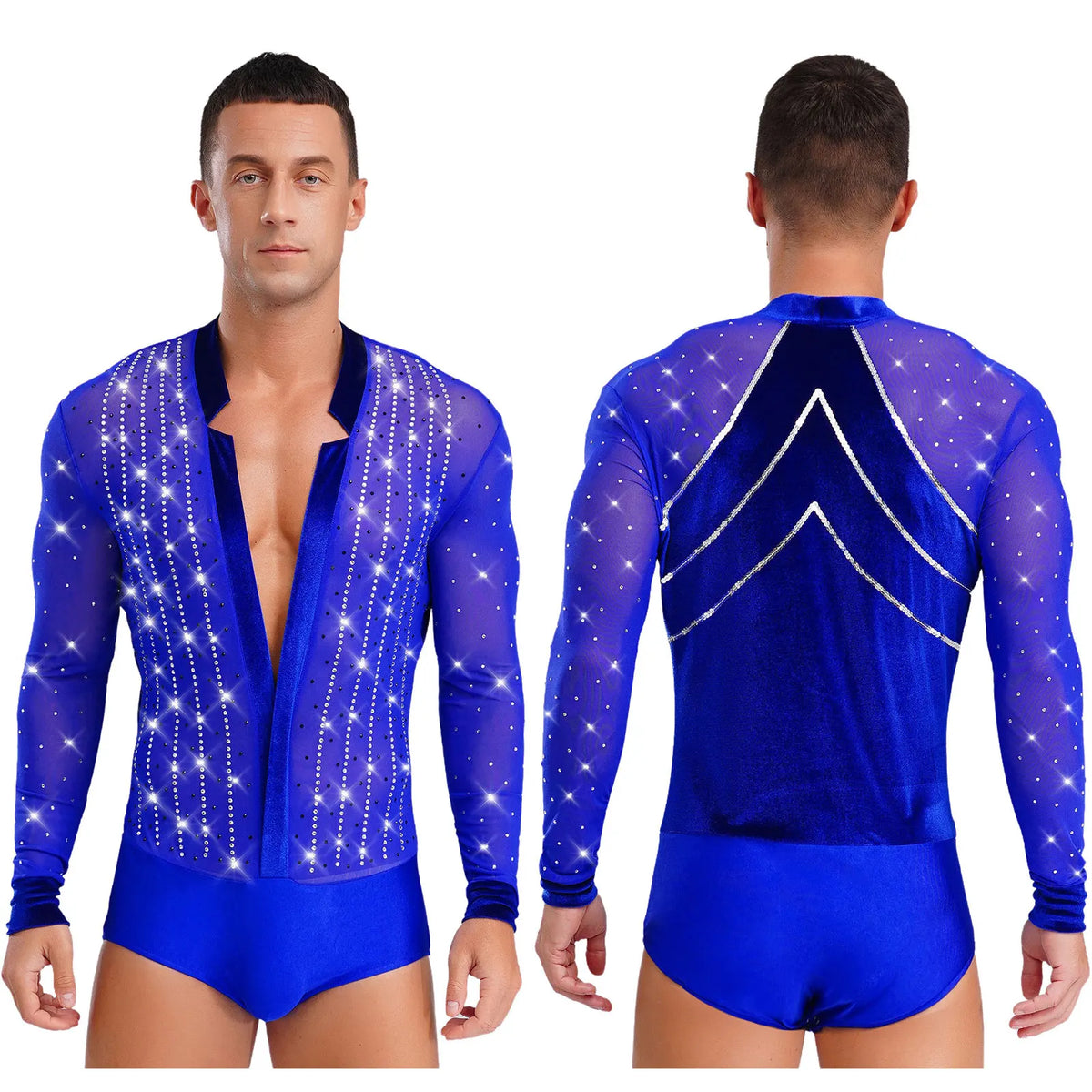Men's Rhinestone Dance Leotard | Deep V-Neck & Velvet Mesh Patchwork | Long Sleeve
