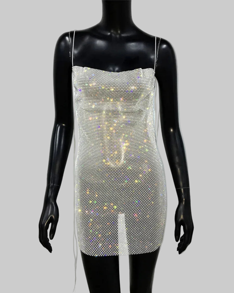 Rhinestone Mesh Bodycon Dress - Sheer Fishnet Mini Dress