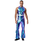 Men's Holographic Disco Jumpsuit | Lapel Collar & Flared Leg | 70s Stage Costume