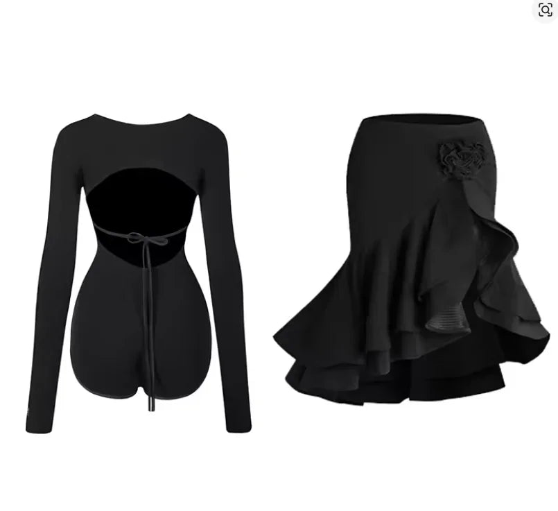 Girls Latin Dance Costume | Backless Bodysuit & Skirt