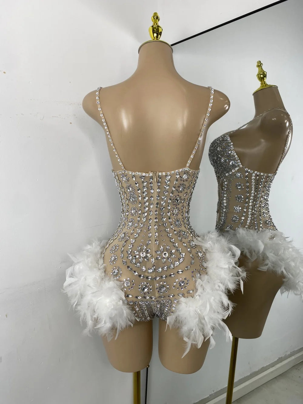 Rhinestone Bodysuit | Feather-Trimmed Hips