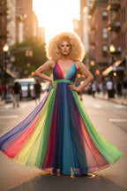 Rainbow Chiffon Dress | Backless V-Neck | Ankle-Length