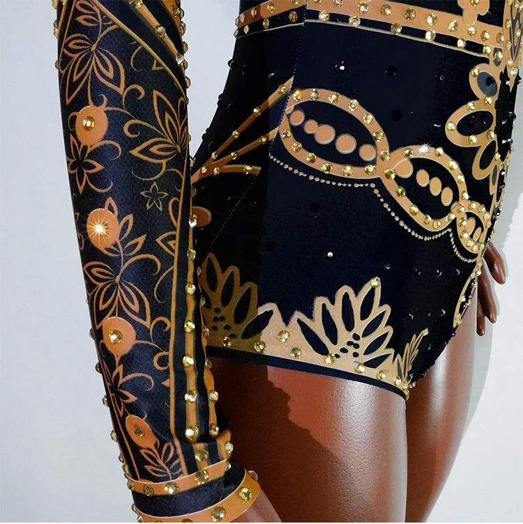 Luxe Black & Gold Diamond Embellished Fringe Bodysuit – Stage Performance Edition