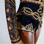 Luxe Black & Gold Diamond Embellished Fringe Bodysuit – Stage Performance Edition