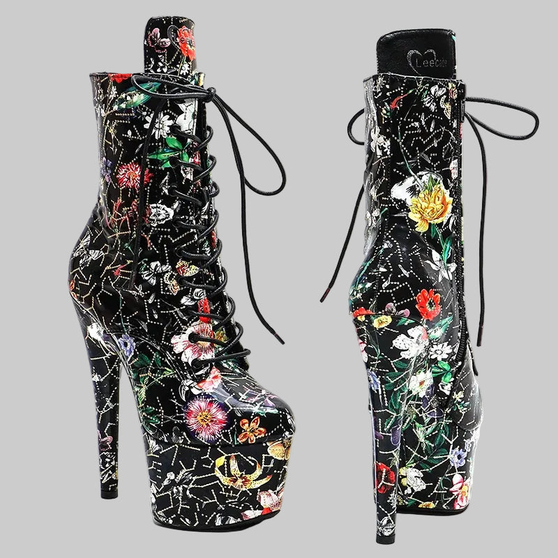 Floral 7-Inch Platform Pole Dance Ankle Boots
