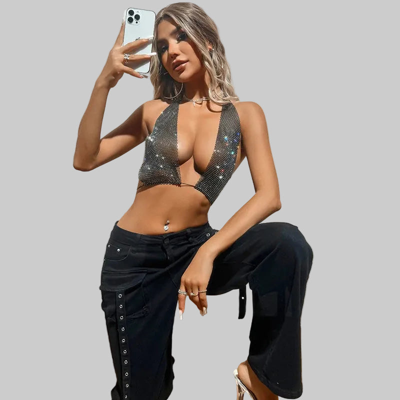 Rhinestone Fishnet Deep V-Neck Halter Crop Top