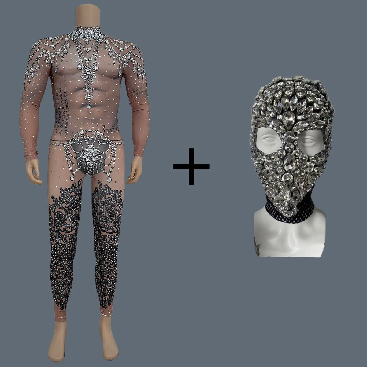 Men's Rhinestone Mesh Jumpsuit | Crystal Bodycon | Stage & Nightclub | One Size
