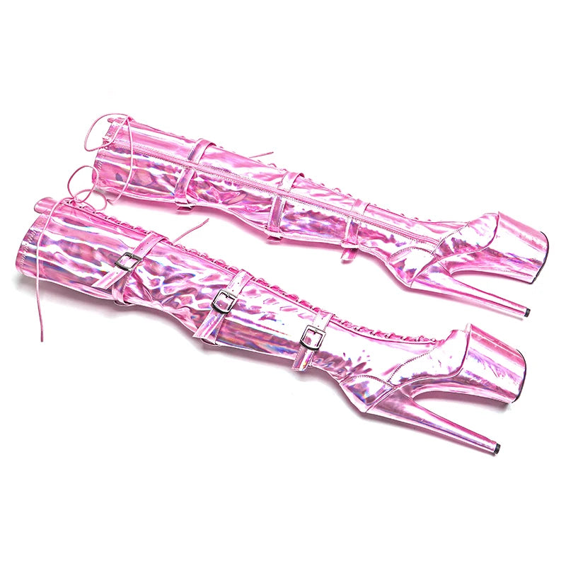 8-Inch Holographic Platform Boots - Thigh-High Exotic Dance Boots