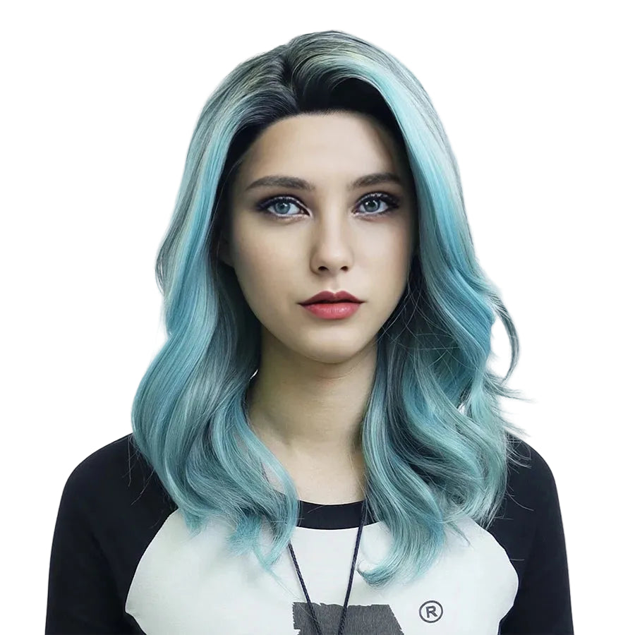 20" Ombre Blue Natural Wavy Lace Front Wig – Dark Root