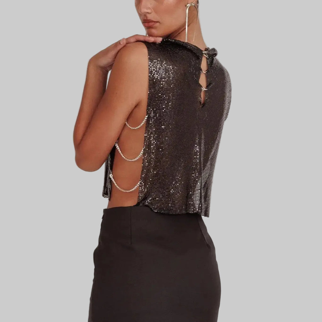 Metal Sequin Backless Crop Top with Rhinestone Chain