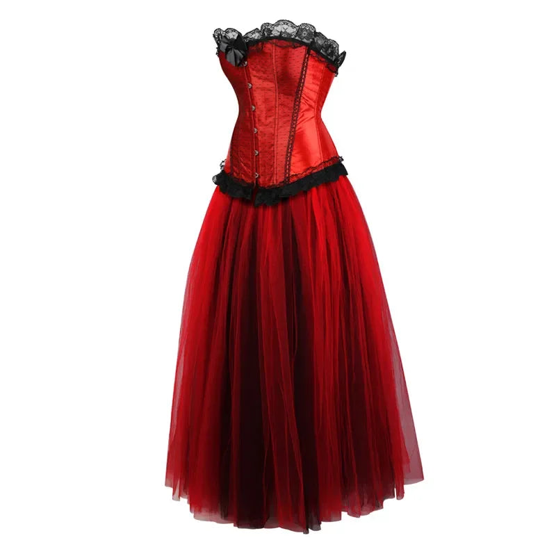 Red Satin Overbust Corset Dress | Black Lace & Tulle | Burlesque & Victorian | XXS–7XL