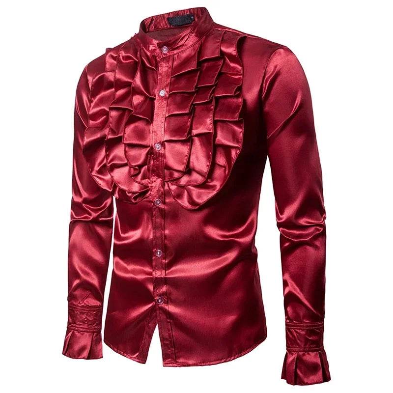 Men's Satin Ruffle Shirt | Frill Front | Stand Collar