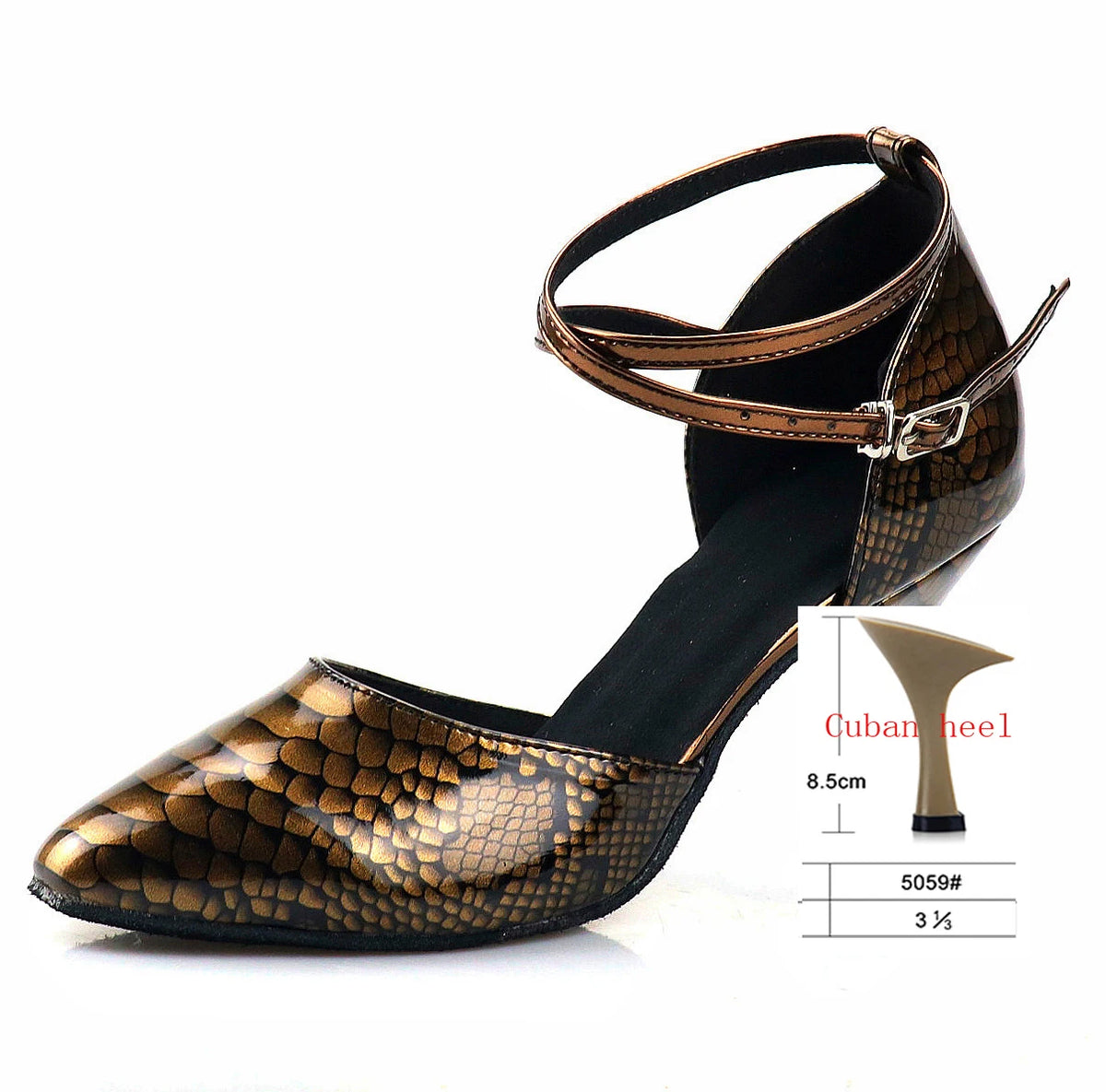Rhinestone Snakeskin Latin Dance Court Shoe | Cuban Heel | 5–8.5cm
