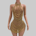 Gold Chain Sheer Mini Dress - Luxury See-Through Bodycon for Singers & Performers