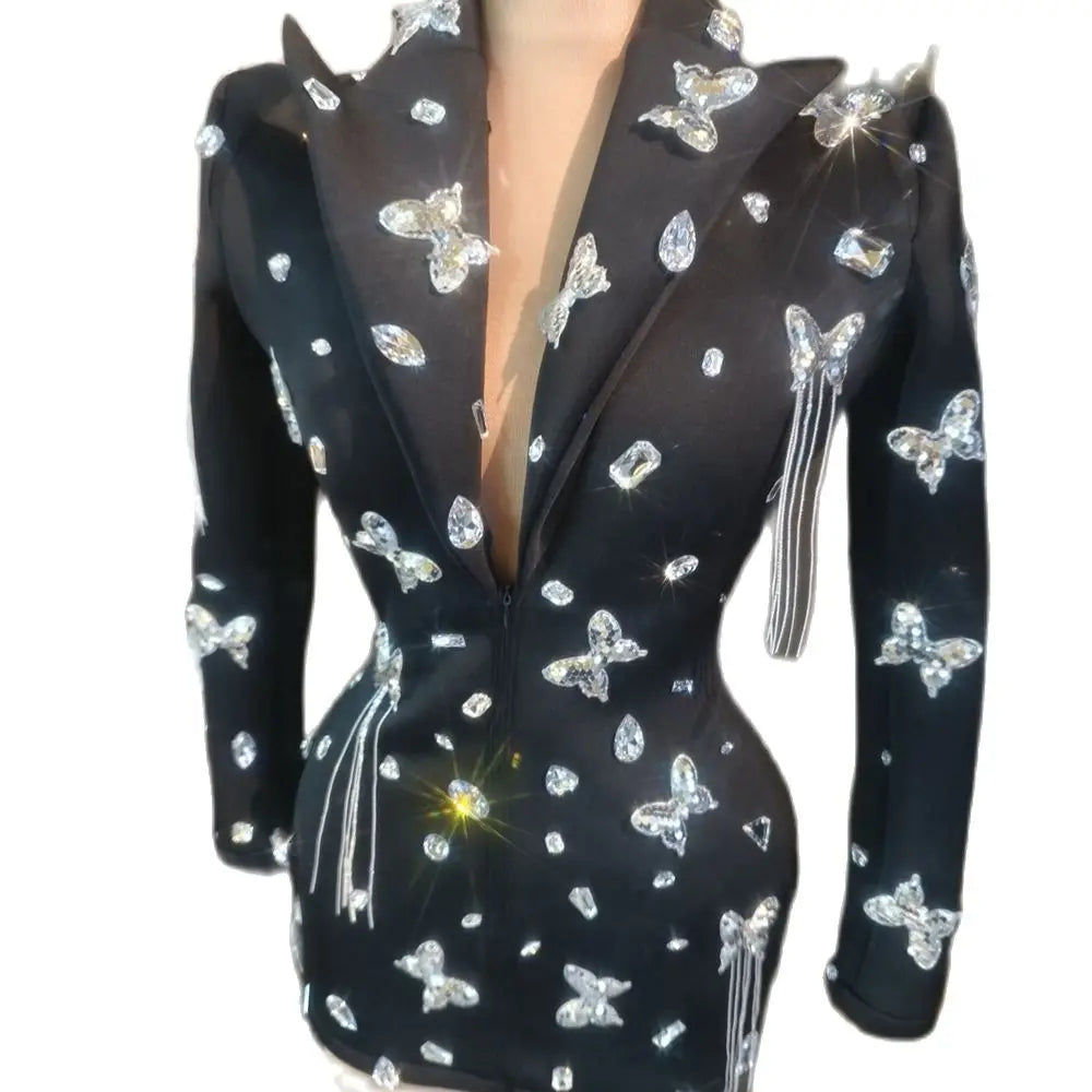 Rhinestone Fringe Blazer Mini Dress | Crystal Tassel | Showgirl | Stage Performance