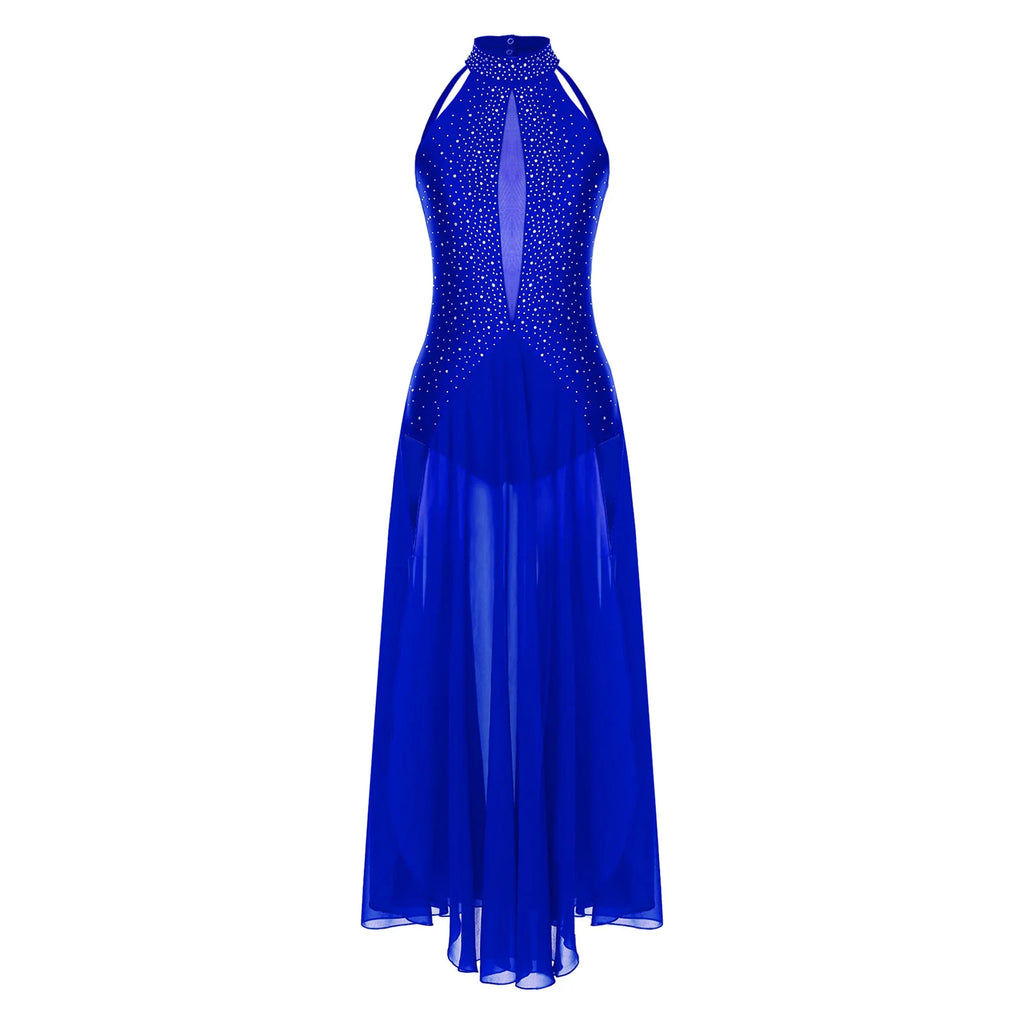 Women's Lyrical Dance Dress | Rhinestone Halter | Strappy Back | 8 Colors