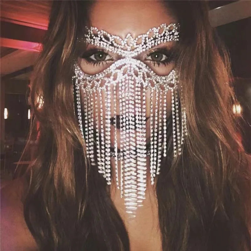 Rhinestone Chain Veil Mask | Crystal Face Jewelry | 15 Styles