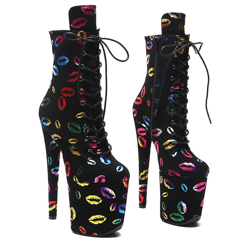 Lip Print Platform Ankle Boots - 8 Inch Fashion Pole Dance Boots